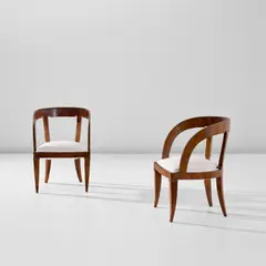 Pair of armchairs by Michele Marelli, circa 1935, Walnut-veneered wood, walnut, fabric, sold Apr 2026