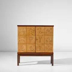 Otto Schulz, Cabinet, circa 1939, Burr ash-veneered wood with stained birch inlays, stained birch, stained birch-veneered wood, brass