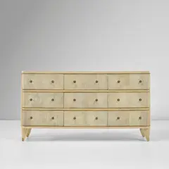 Maurice Jallot, Rare chest of drawers, circa 1945, Galuchat -covered wood, painted wood, gilded wood, brass
