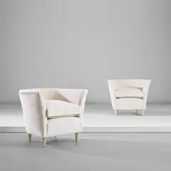 Paolo Buffa, Pair of armchairs, circa 1945, Painted wood, fabric