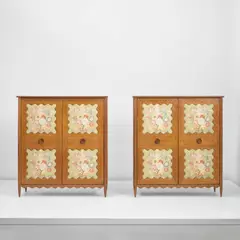 Paolo Buffa, Pair of wardrobes, circa 1940, Oak, oak-veneered wood, chestnut, chestnut-veneered wood, mirrored glass, printed fabric, brass