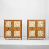Paolo Buffa, Pair of wardrobes, circa 1940, Oak, oak-veneered wood, chestnut, chestnut-veneered wood, mirrored glass, printed fabric, brass