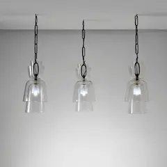 Seguso, Set of three large ceiling lights, 1950s, Glass, iridescent coloured glass, brass