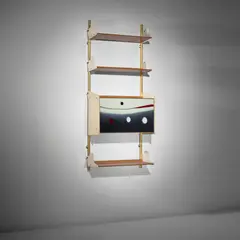 Osvaldo Borsani and Lucio Fontana, Rare modular wall-mounted shelving unit with drop front cabinet, model no. L60, circa 1952, Reverse-painted glass, elm, vinyl, brass, plastic laminate