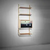 Rare modular wall-mounted shelving unit with drop front cabinet, model no. L60 by Osvaldo Borsani and Lucio Fontana, circa 1952, Reverse-painted glass, elm, vinyl, brass, plastic laminate, sold Apr 2026