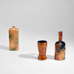 Paolo De Poli, Three vases, circa 1958, Enamelled copper, brass
