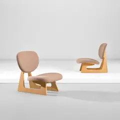 Junzo Sakakura, Pair of low lounge chairs, model no. 5016, designed 1960, produced circa 1990, Oak-veneered plywood, fabric