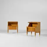 Rare pair of bedside tables, from Villa T., Ospedaletti, Italy by Antonio Fornaroli and Alberto Rosselli Studio P.F.R. - Gio Ponti, circa 1954, Oak-veneered wood, oak, glass, brass, sold Apr 2026