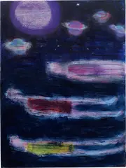 Under the Saturn Sky by Katherine Bradford, 2020, acrylic on canvas, sold Mar 2025