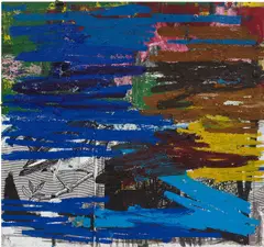 Oscar Murillo, untitled (news), 2017-2018, oil, oilstick, paper collage and canvas collage on canvas