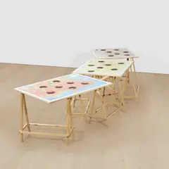 Mona Hatoum, 3-D Cities, 2008, maps printed on paper, laid down on wood, in 3 parts, on 6 artist's wooden trestles