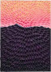 Jennifer Guidi, Light on the Mountain (Painted Green Sand #7A, Light Pink-Pink-Orange-Yellow Sky, Dark Purple-Blue Mountain, Green Ground), 2020, sand, acrylic and oil on linen
