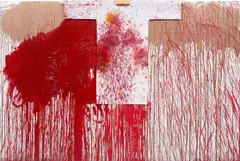 Hermann Nitsch, Action Painting, 2019, acrylic, wood and cotton shirt on canvas