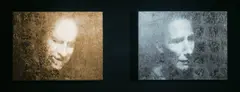 Bill Viola, Unspoken (Silver and Gold), 2001, black-and-white video projection on gold and silver leaf panels, diptych