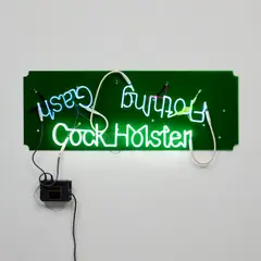 Jason Rhoades, Cock Holster; Frothing Gash, 2003, artist installation comprising neon lights mounted to Plexiglas with wire, string and lace, and transformer