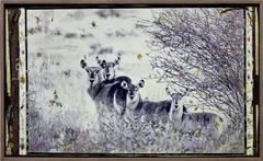 Peter Beard, Waterbuck Family on the Uaso Nyiro/ for The End of the Game/ Last Word from Paradise, 1968, unique mural-sized work, comprising a toned gelatin silver print with blood, ink, watercolour, tempera paint, original drawings by the artists Kivoi Mathenge and E. Mwangi Kuria of the Hog Ranch Art Department, ephemera collage and affixed feathers and leaves, in the original driftwood frame