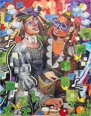 Allison Zuckerman, Stealing the Show, 2022, oil, acrylic, archival CMYK ink and crystal rhinestones on canvas