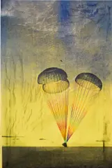 Matthew Day Jackson, Apollo 11 Splashdown. July 24th 1969, 2009, screenprint on NASA emergency blanket with coloured thread