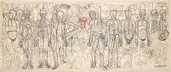 Hermann Nitsch, Das Letzte Abendmahl (The Last Supper), 1983, Screenprint in colours, on original action cloth relic with blood, mounted on a wooden stretcher