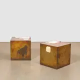 Walead Beshty, Two works: (i) 20-Inch Copper (FedEx® Large Kraft Box ©2005 FEDEX 330508 REV 10/05 SSCC), International Priority, Los Angeles–London trk#868587725897, October 2–5, 2009; (ii) 20-Inch Copper (FedEx® Large Kraft Box ©2005 FEDEX 330508 REV 10/05 SSCC), International Priority, Los Angeles–London trk#868587728006, October 2–5, 2009, polished copper and accrued FedEx shipping and tracking labels