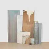 Orlando Francisco, Definitely Unfinished and Coherent with the Landscape, 2012-2013, sculpture comprising plastic roof boards, luminous signs, isolation cloth, tape, rope, glass, paper, tin can and wooden panels