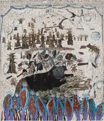 Omar Ba, Chien, herbe, petrôle ou fruit, 2011, crayon, gouache, Indian ink and acrylic on corrugated cardboard
