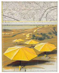 Christo, The Umbrellas (Project for Japan and Western USA), 1987, graphite, fabric, charcoal, pastel, wax crayon, enamel and map collage on paper laid down on board, in Plexiglas box, in 2 parts