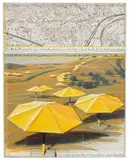 Christo, The Umbrellas (Project for Japan and Western USA), 1987, graphite, fabric, charcoal, pastel, wax crayon, enamel and map collage on paper laid down on board, in Plexiglas box, in 2 parts