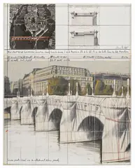 Christo, The Pont Neuf, Wrapped (Project for Paris), 1985, graphite, charcoal, pastel, thread, crayon, enamel, map, fabric and paper collage on card laid down on board, in Plexiglas box, in 2 parts