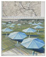 Christo, The Umbrellas (Project for Japan and Western USA), 1987, graphite, fabric, charcoal, pastel, wax crayon, enamel and map collage on paper laid down on board, in Plexiglas box, in 2 parts