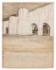 The Wall (Project for a Wrapped Roman Wall) by Christo, 1974, twine, fabric, tape, graphite, charcoal, wax crayon, pastel, ballpoint pen, staples and tracing paper collage on​ card l, sold Jun 2025