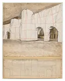 Christo, The Wall (Project for a Wrapped Roman Wall), 1974, twine, fabric, tape, graphite, charcoal, wax crayon, pastel, ballpoint pen, staples and tracing paper collage on​ card laid down on board, in Plexiglas box