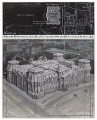 Christo, Wrapped Reichstag (Project for Berlin), 1986, graphite, charcoal, pastel, fabric, string, crayon, enamel, map and paper collage on paper laid down on board, in Plexiglas box, in 2 parts