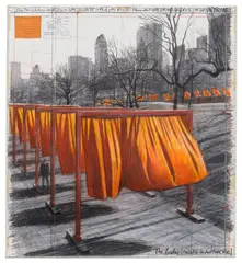 Christo, The Gates (Project for Central Park NYC), 2005, graphite, chalk, pastel, fabric, tape and paper collage on card laid down on board, in Plexiglas box