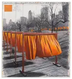 Christo, The Gates (Project for Central Park NYC), 2005, graphite, chalk, pastel, fabric, tape and paper collage on card laid down on board, in Plexiglas box