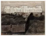 Christo, Wrapped Reichstag (Project for Der Deutsche Reichstag - Berlin), 1977, fabric, string, crayon, chalk, ballpoint pen, graphite and staples on paper laid down on board, in Plexiglas box