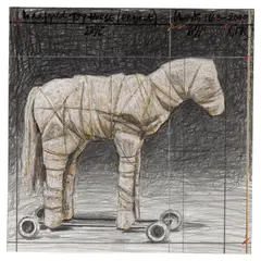 Wrapped Toy Horse (Project) by Christo, 1963-2000, graphite, pastel, crayon, enamel and card collage on card, sold Jun 2025