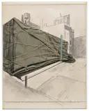 Christo, Museum of Contemporary Art - Chicago Packed (Project), 1968, graphite, charcoal, fabric, twine, rope, polyethylene, staples and wax crayon on card laid down on board, in Plexiglas box