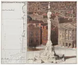 Christo, Wrapped Monument to Cristobal Colón (Project for Barcelona), 1984, graphite, crayon, charcoal, thread and fabric on paper laid down on board, in Plexiglas box, in 2 parts