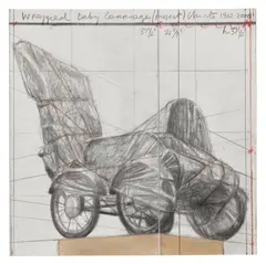 Wrapped Baby Carriage (Project) by Christo, 1962-2000, graphite, pastel, crayon, enamel and card collage on card, sold Jun 2025