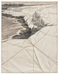 Christo, Packed Coast (Project for Little Bay, N.S.W. Australia), 1969, fabric, twine, graphite, pastel and staples on paper laid down on board, in Plexiglas box