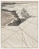 Christo, Packed Coast (Project for Little Bay, N.S.W. Australia), 1969, fabric, twine, graphite, pastel and staples on paper laid down on board, in Plexiglas box