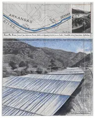 Christo, Over the River (Project for Arkansas River, State of Colorado), 2005, graphite, enamel, photograph, pastel, tape and map collage on paper laid down on card, in Plexiglas box, in 2 parts
