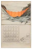 Christo, Valley Curtain (Project for Colorado), 1971, graphite, crayon, pastel, staples and paper collage on card laid down on board, in Plexiglas box