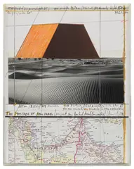 Christo, The Mastaba of Abu Dhabi (Project for United Arab Emirates), 1982, graphite, pastel, charcoal, wax crayon and map collage on paper laid down on board, in Plexiglas box