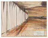 Christo, Running Fence (Project for Sonoma County and Marin County, State of California), 1976, graphite, charcoal, pastel, fabric, crayon and paper collage on card​ laid down on board, in Plexiglas box
