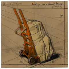 Package on a hand truck (Project) by Christo, 1973-2000, graphite, pastel, crayon, enamel and card collage on cardboard, sold Jun 2025