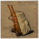 Christo, Package on a hand truck (Project), 1973-2000, graphite, pastel, crayon, enamel and card collage on cardboard