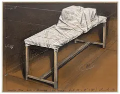 Wrapped Table with a Package (Project) by Christo, 1976, charcoal, crayon, staples, fabric, string and card collage on card laid down on board, in Plexiglas box, sold Jun 2025