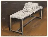 Christo, Wrapped Table with a Package (Project), 1976, charcoal, crayon, staples, fabric, string and card collage on card laid down on board, in Plexiglas box